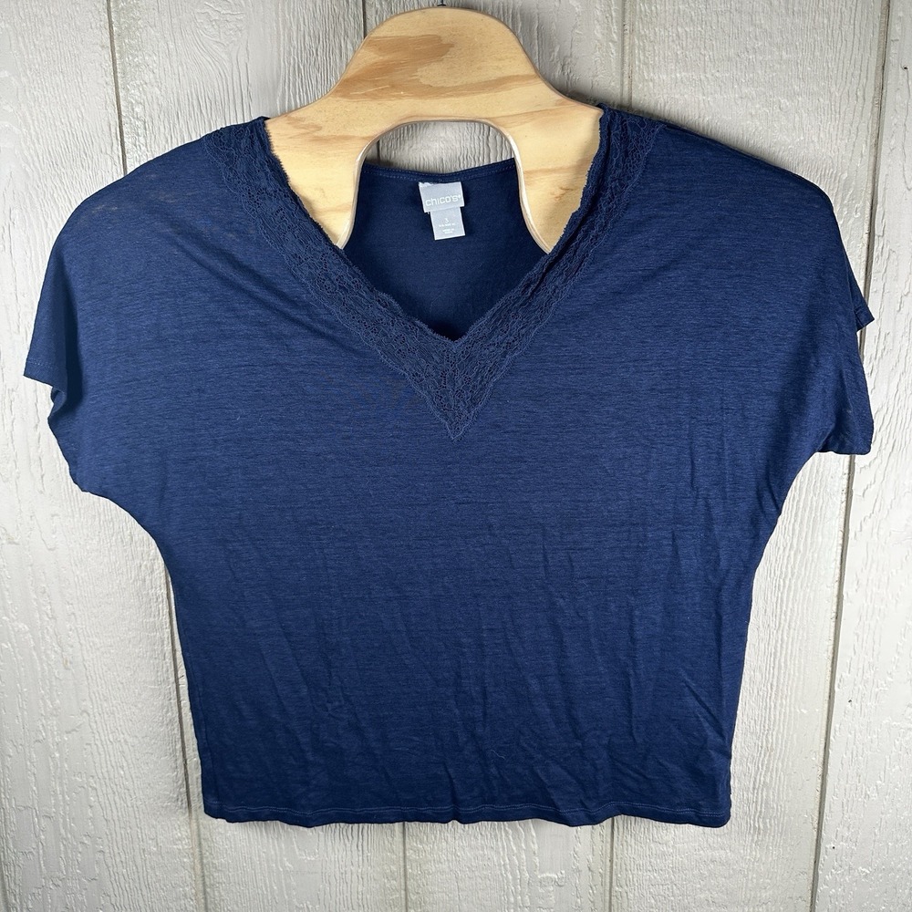 Chico's Linen Lace Trim V-Neck Top Womens 3 XL Navy Blue Short Dolman Sleeve